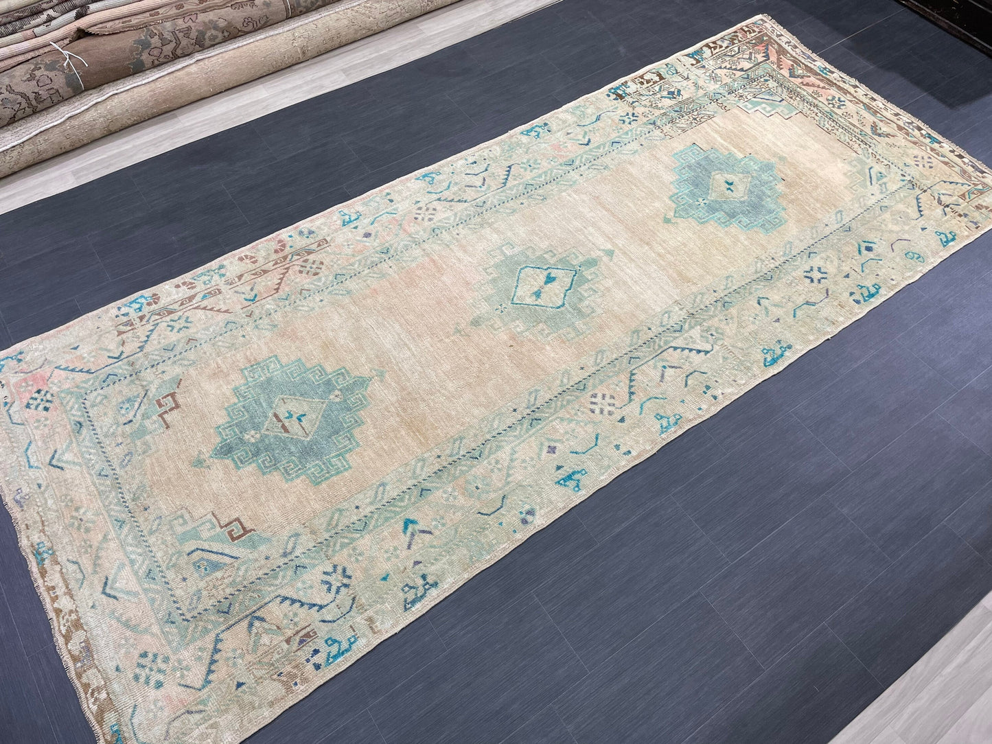 Muted Oushak Runner 4.7 x 11.5 Rug Turkish Runner Rug Faded Vintage Runner Rug Hallway Runner Rug Neutral Kitchen Runner Rug Wool Runner Rug