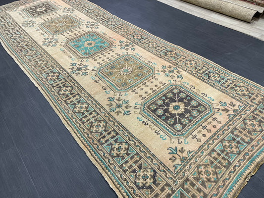 Vintage Runner Rug 4.6 x 12.6 Muted TURKISH Muted Runner Rug Vintage Oushak Runner Rug Long Runner Rug Wool Oriental Runner Handmade Runner