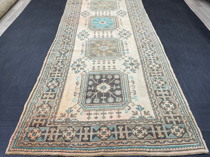Vintage Runner Rug 4.6 x 12.6 Muted TURKISH Muted Runner Rug Vintage Oushak Runner Rug Long Runner Rug Wool Oriental Runner Handmade Runner