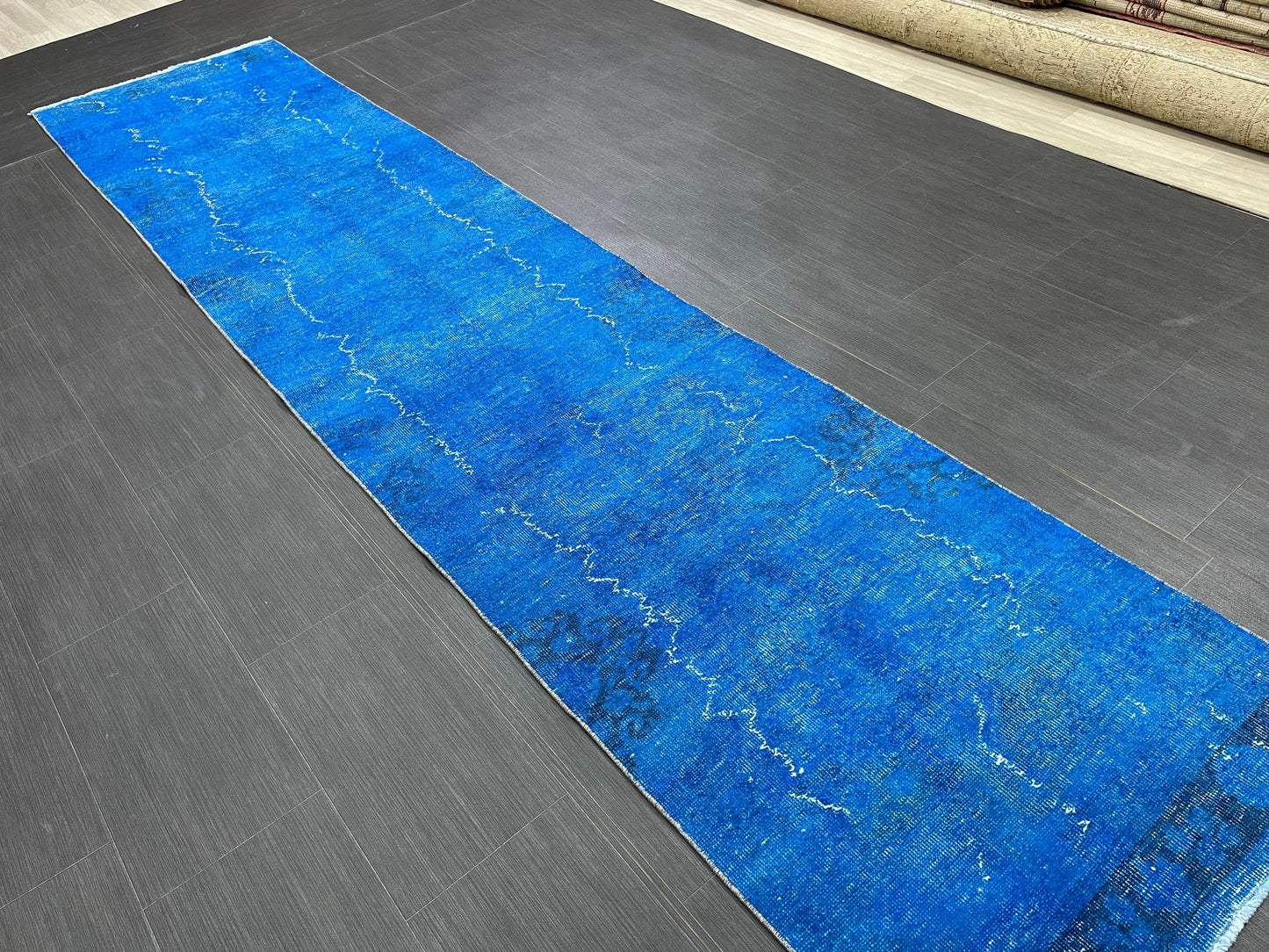 Blue Oushak Runner Rug 2.6 x 11.6 Turkish Runner Rug  Overdye Vintage Runner Rug Hallway Runner Kitchen Runner Rug Wool Staircase Runner Rug