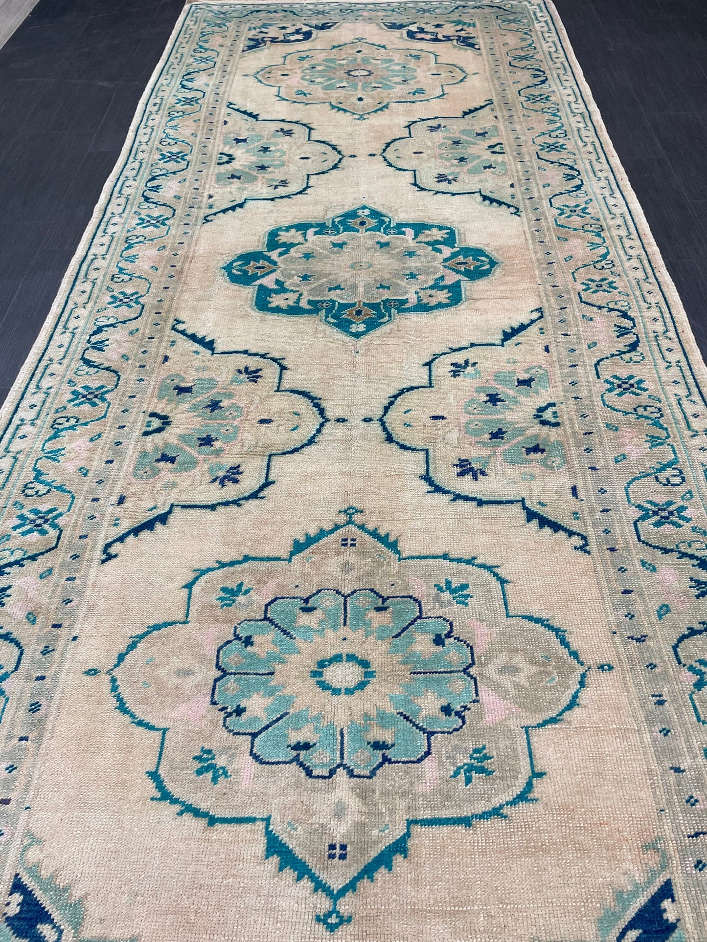 Muted Hand Knotted Rugs 4.7 x 11.8 Handmade Rug, WOOL Oushak Rug Rustic Rug Runner, Turkish Rug Farmhouse Rug Vintage Rug Wool rug