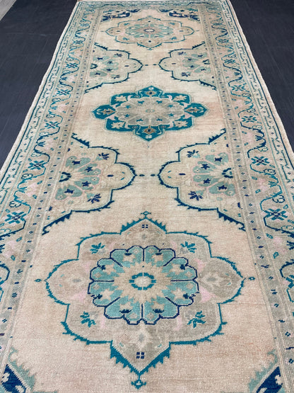 Muted Hand Knotted Rugs 4.7 x 11.8 Handmade Rug, WOOL Oushak Rug Rustic Rug Runner, Turkish Rug Farmhouse Rug Vintage Rug Wool rug