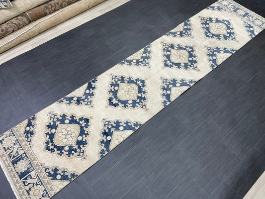 WOOL Hand Knotted Runner Rug Turkish Runner Rug 2.8 x 12.7 Muted Vintage Hallway Runner Rug Kitchen Runner Rug Persian Runner Rug Navy