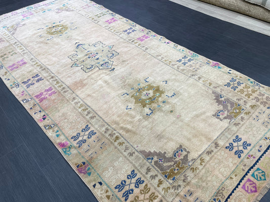 Muted  Handmade Runner 4.4 x 10 Runner Turkish Runner Rug Faded Vintage Runner Rug Hallway Runner Rug Neutral Kitchen Runner Rug Wool Runner