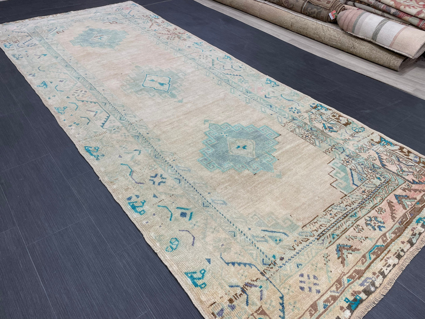 Muted Oushak Runner 4.7 x 11.5 Rug Turkish Runner Rug Faded Vintage Runner Rug Hallway Runner Rug Neutral Kitchen Runner Rug Wool Runner Rug