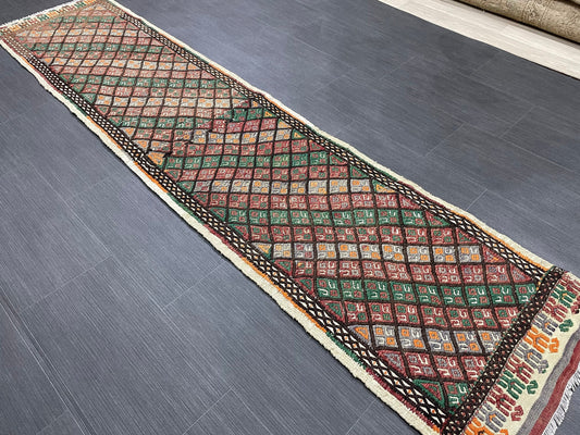 Handmade Embroidery Runner Rug 1.8 x 8 Turkish Runner Rug Flat weave Vintage Runner Rug  Flat-woven Hallway Runner Rug Kitchen Runner