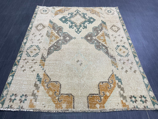 Muted Turkish Rug 3.6 x 4.4 Rug Handmade Rug, Rustic Rug Hand Knotted Rug Turkish Rug, Farmhouse Rug, Vintage Rug, Wool rug