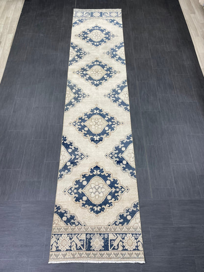 WOOL Hand Knotted Runner Rug Turkish Runner Rug 2.8 x 12.7 Muted Vintage Hallway Runner Rug Kitchen Runner Rug Persian Runner Rug Navy