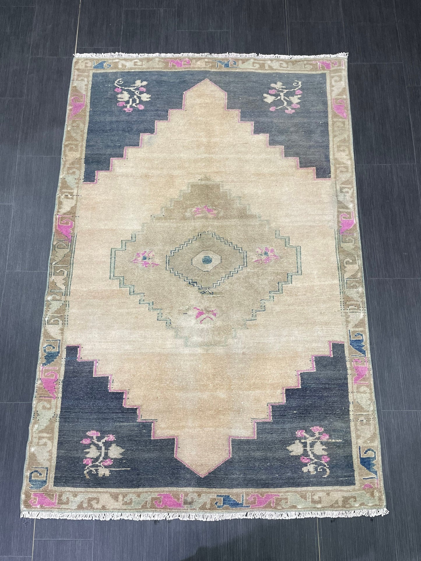 Muted Vintage RUG TURKISH 4 x 6.2 Oushak Rug Vintage Oushak Rug Vintage Rug Muted Navy Rug HandMade Rug Vintage Neutral Rug