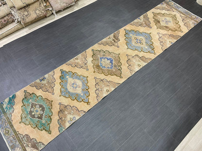 MUTED Hand Knotted Runner Antique Runner TURKISH Runner 2.8 x 12.8 Vintage  Hallway Runner Rug Muted Runner Rug Kitchen Rug Runner