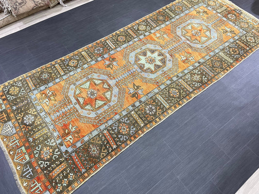 Vintage Hand Knotted Vintage 4.3 x 11.3 Runner Oushak Runner Rug Turkish Runner Rug Vintage Runner Rug Star Kitchen Runner Natural Wool