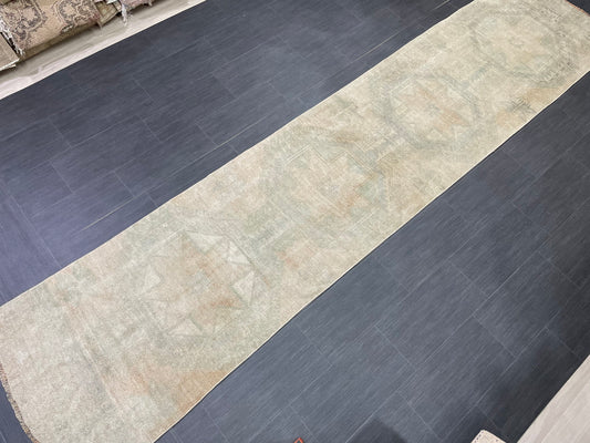 Muted Vintage Runner Rug 2.8 x 12.7 ft Muted Turkish runner rug Wool Pile Oushak Runner Hallway Rug runner Hand Knotted Star Runner Rug