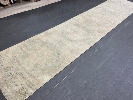 Muted Vintage Runner Rug 2.8 x 12.7 ft Muted Turkish runner rug Wool Pile Oushak Runner Hallway Rug runner Hand Knotted Star Runner Rug