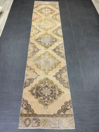 MUTED Hand Knotted Runner Entry Runner TURKISH Runner 2.8 x 12.8 Vintage  Hallway Runner Rug Muted Runner Rug Kitchen Rug Runner