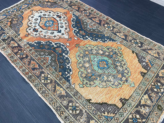 Vintage Turkish Rug 3.8 x 6.5 Handmade Wool Rug Muted Vintage Oushak Rug Wool Oriental Rug Hand Made Rug Vintage Rug Muted Persian Wool Rug