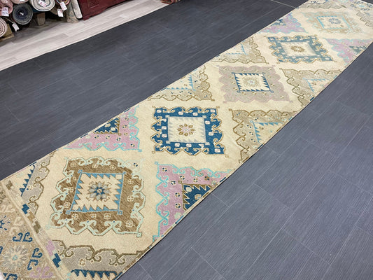 Hand Knotted Vintage Runner Rug 2.9 x 13.3 ft Muted Turkish runner rug Oushak Runner Hallway Rug runner Hand Knotted Star Runner Rug