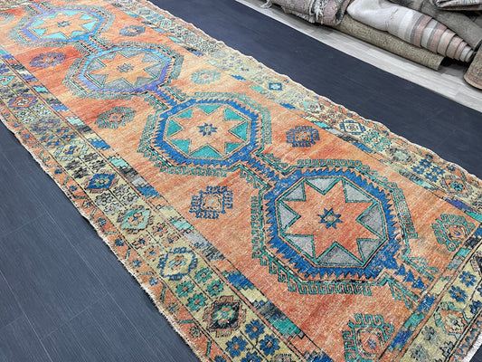 Vintage Hand Knotted Vintage 5 x 12.8 Runner Oushak Runner Rug Turkish Runner Rug Vintage Runner Rug Star Kitchen Runner Natural Wool Runner