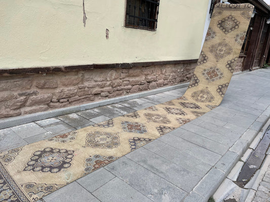 Muted Long Vintage Runner TURKISH 2.7 x 21.3 Runner Rug Handmade Runner Rug XL Oriental Runner Rug Staircase Hand Knotted Runner rug