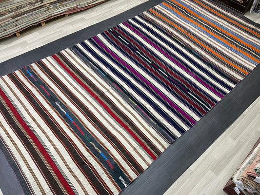 7.5 x 15.4  Vintage Flat woven Rug, Turkish Rug Handmade Flatweave Carpet , Stripped Flatweaving, Rustic Rug, Farmhouse Rug, Oushak Rug