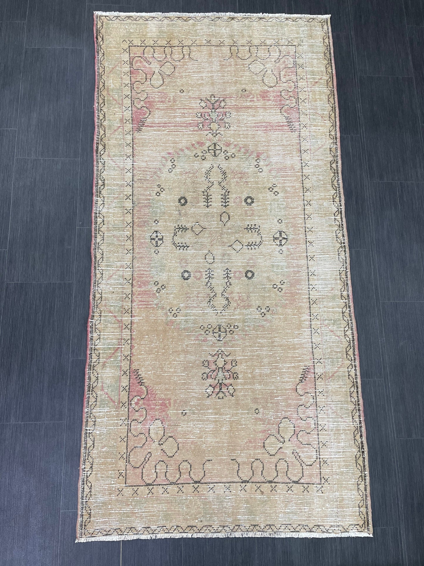 Soft Pink Vintage Turkish Rug 3.3 x 6.8 Vintage Persian Rug Muted Hand Knotted Rug Wool Oushak Rug Handmade Rugs Vintage Turkish