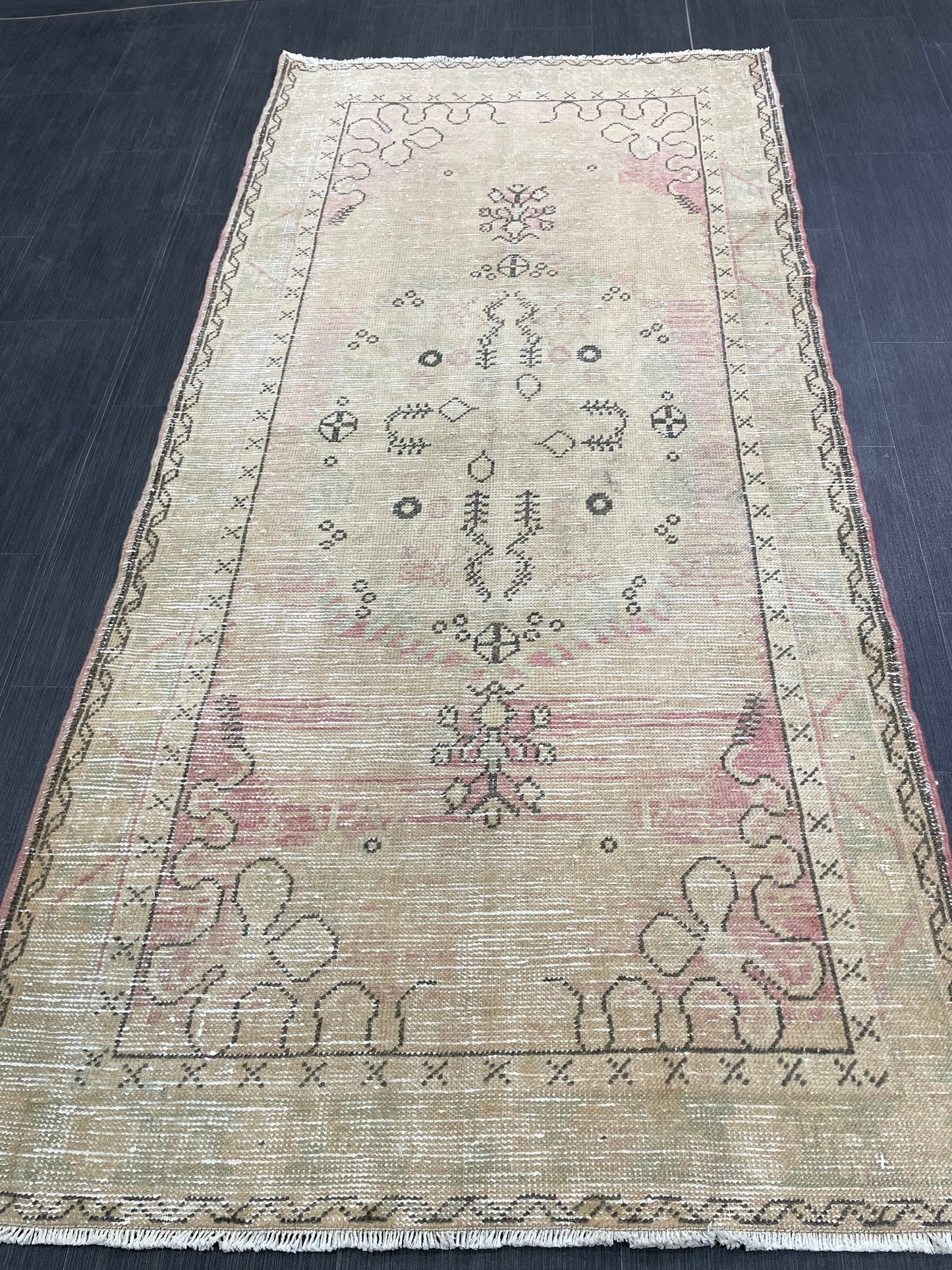 Soft Pink Vintage Turkish Rug 3.3 x 6.8 Vintage Persian Rug Muted Hand Knotted Rug Wool Oushak Rug Handmade Rugs Vintage Turkish