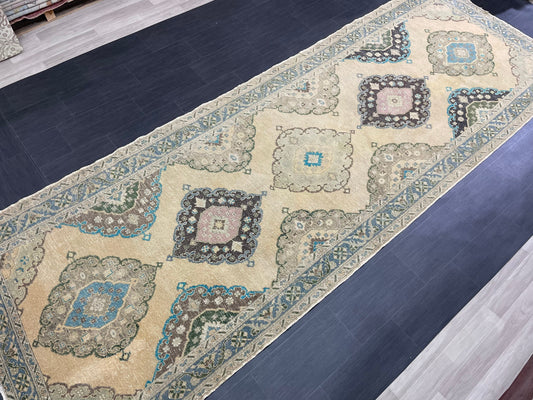 Vintage Hand Knotted Rug Vintage 4.8 x 13.8 Runner Oushak Runner Rug Turkish Runner Rug Vintage Runner Rug Star Kitchen Runner Natural Wool