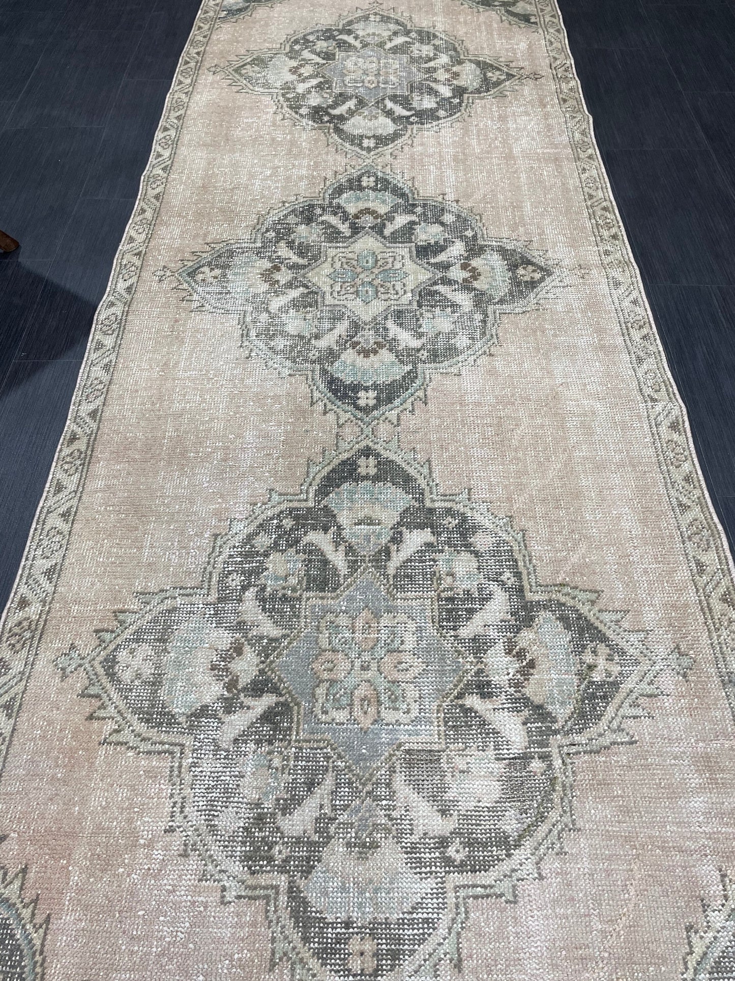 3.4 x 11.2 Faded Oushak Runner Rug Turkish Runner Rug Distressed Vintage Runner Rug Hallway Runner Kitchen Runner Wool Pastel Pink And Green
