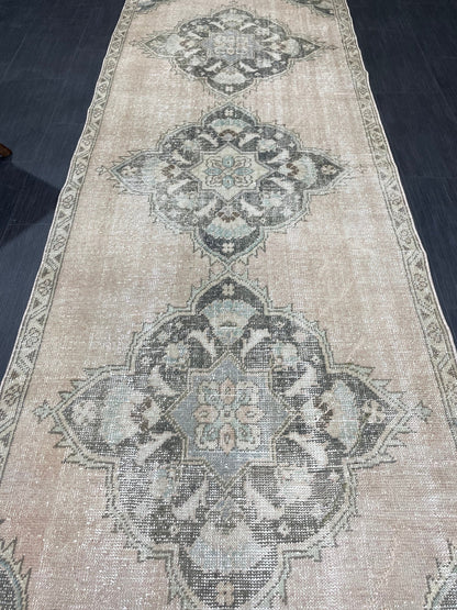 3.4 x 11.2 Faded Oushak Runner Rug Turkish Runner Rug Distressed Vintage Runner Rug Hallway Runner Kitchen Runner Wool Pastel Pink And Green