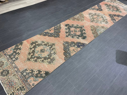 Vintage Runner Rug 2.7 x 12.3 Muted Hallway Runner Rug Kitchen Runner Rug Muted Wool Runner Rug Muted Oushak Rug Pretty Turkish Runner