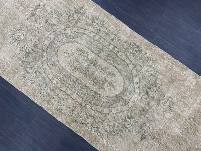 Oushak Runner Rug 2.7 x 9.4 Muted Turkish Runner Rug Green Vintage Neutral Runner Rug Hallway Natural Runner Kitchen Runner Rug Wool Runner