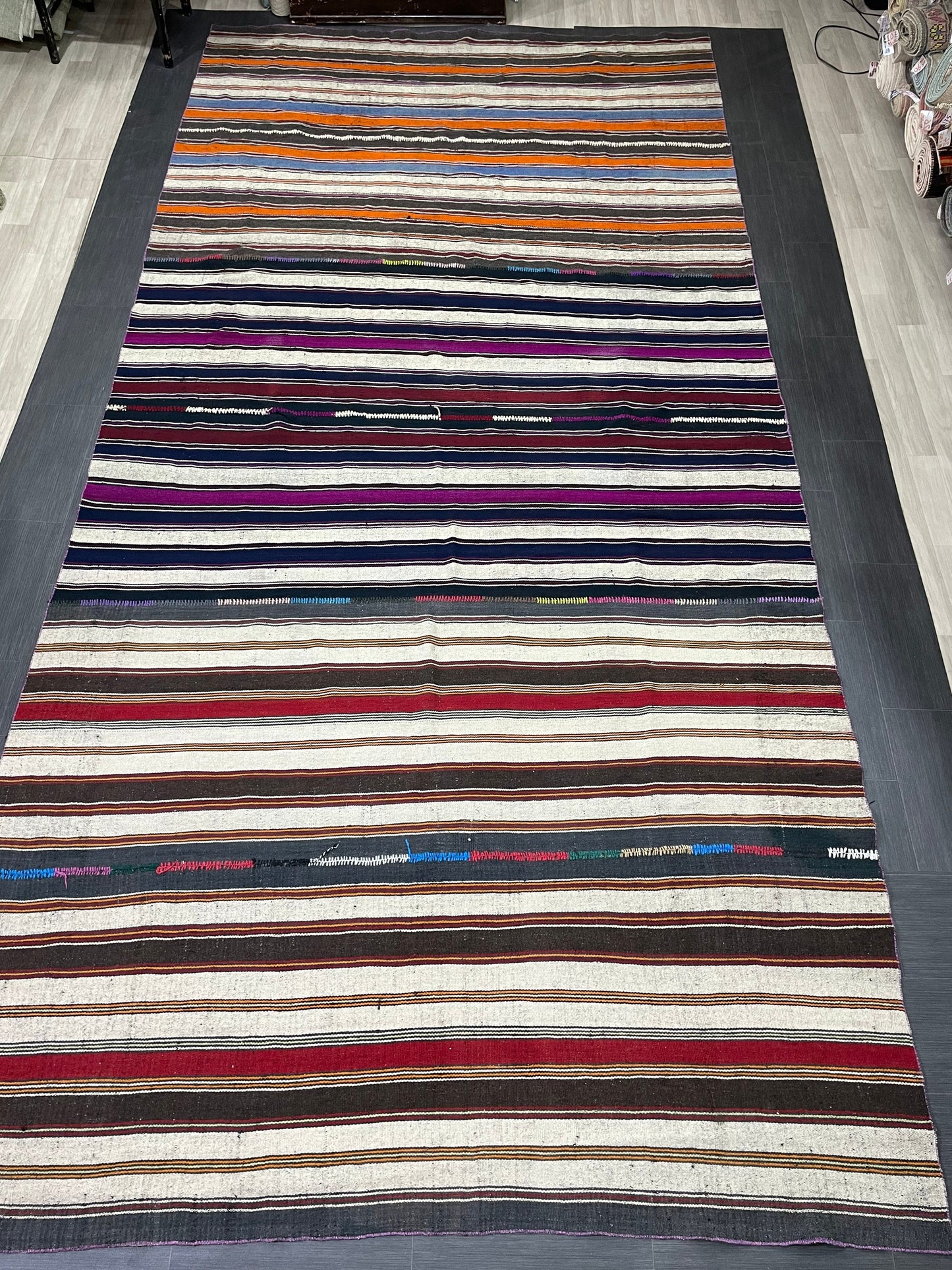 7.5 x 15.4  Vintage Flat woven Rug, Turkish Rug Handmade Flatweave Carpet , Stripped Flatweaving, Rustic Rug, Farmhouse Rug, Oushak Rug