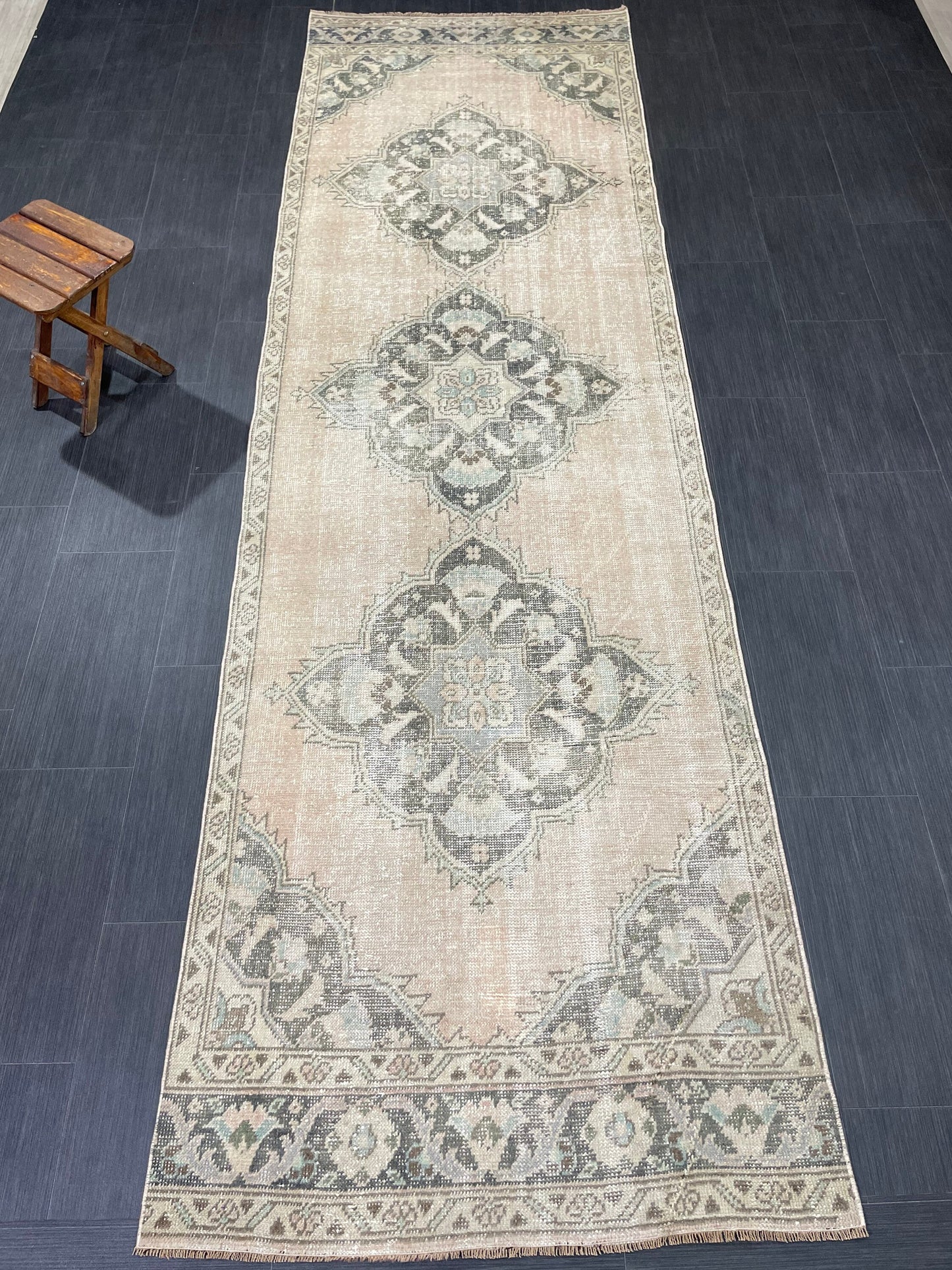 3.4 x 11.2 Faded Oushak Runner Rug Turkish Runner Rug Distressed Vintage Runner Rug Hallway Runner Kitchen Runner Wool Pastel Pink And Green