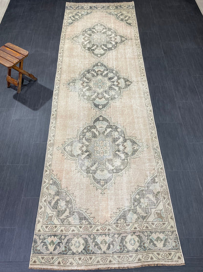 3.4 x 11.2 Faded Oushak Runner Rug Turkish Runner Rug Distressed Vintage Runner Rug Hallway Runner Kitchen Runner Wool Pastel Pink And Green