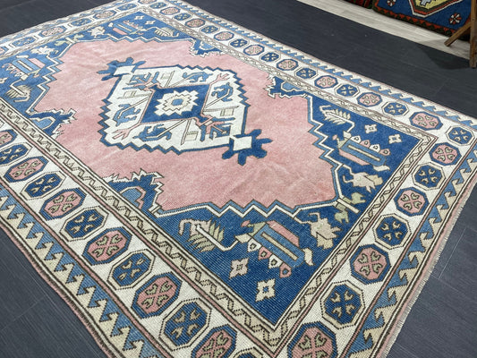 Wool Vintage Rug Handmade 5.3 x 7.5 Rug, Oushak Rug, Turkish Rug, Farmhouse Rug Vintage Rug, Wool rug Oriental Rug Blue and Pink Rug