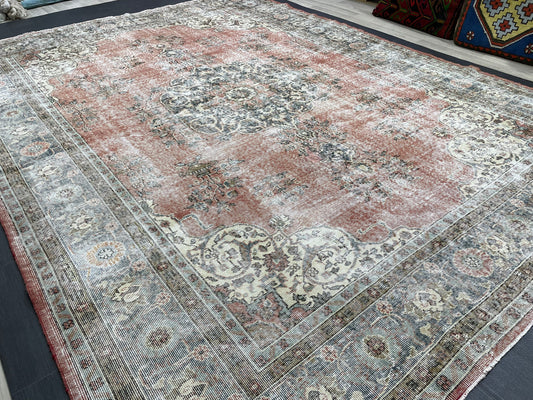 Muted OUSHAK RUG  TURKISH 8.8 x 12 Rug Distressed Vintage  Rug Wool Hand Knotted Rug Large Handmade Rug 8x11 Vintage Turkish 9x12 Rug