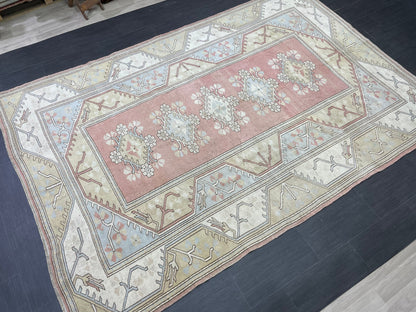 Muted Persian RUG 6.6 x 9.8 Turkish Oushak Rug Vintage Antique Rug Vintage Blue Light Pink Rug Wool Muted Oriental Rug Hand Made Rug