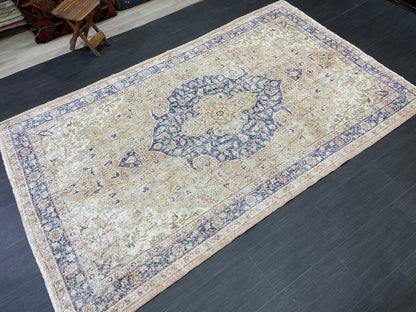 Persian RUG Vintage TURKISH 5.3 x 8.9 Rug Blue Vintage Rug Wool Oushak Rug Handmade Rug Hand Knotted Rug Natural Wool Rug
