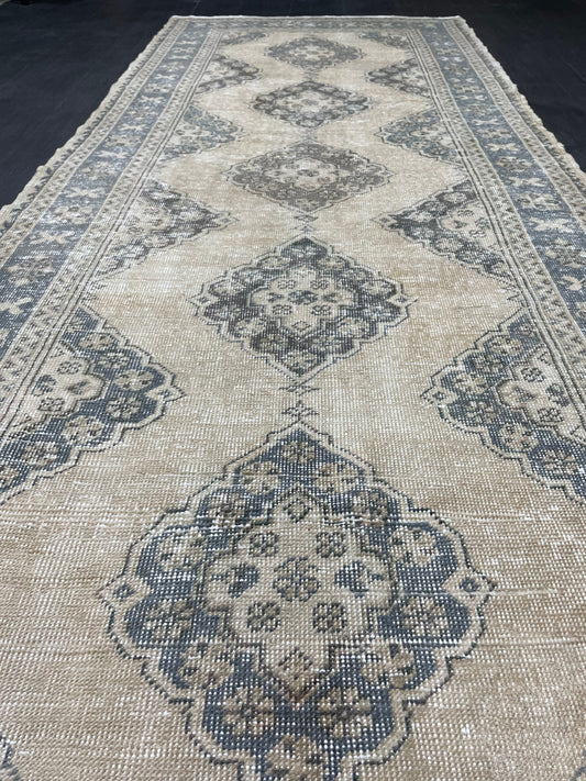Vintage Hand Knotted Rug Vintage 4.2 x 11  Runner Muted Runner Rug Turkish Runner Rug Vintage Runner Rug Star Kitchen Runner Most See Rug