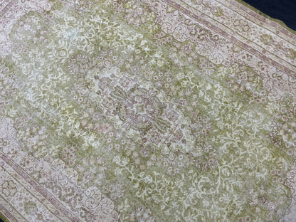 Vintage RUG Turkish 7 x 10.3 Rug Antique Rug Neon Green Rug Wool Muted Oriental Rug Handmade Rug Hand Knotted Rug Persian Rug
