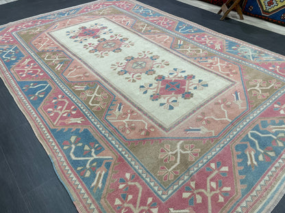 Hand Knotted Oushak Rug 6.8 x 10.3 Vintage Rug Handmade Turkish Rug Persian Rug Vintage Rug, Wool  Blue and Pink Rug Large Rug