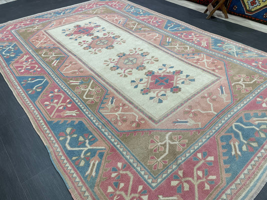 Hand Knotted Oushak Rug 6.8 x 10.3 Vintage Rug Handmade Turkish Rug Persian Rug Vintage Rug, Wool  Blue and Pink Rug Large Rug