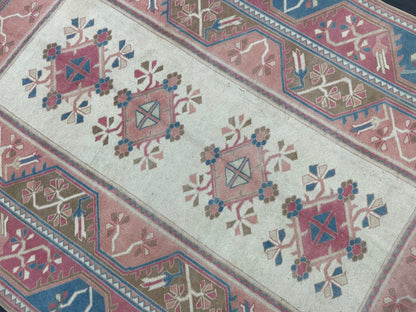 Hand Knotted Oushak Rug 6.8 x 10.3 Vintage Rug Handmade Turkish Rug Persian Rug Vintage Rug, Wool  Blue and Pink Rug Large Rug