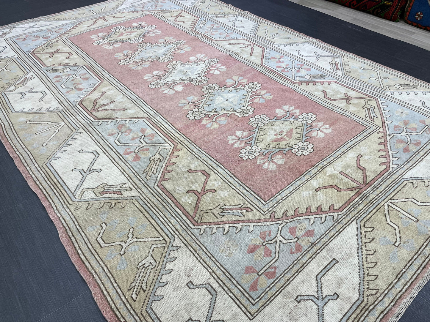 Muted Persian RUG 6.6 x 9.8 Turkish Oushak Rug Vintage Antique Rug Vintage Blue Light Pink Rug Wool Muted Oriental Rug Hand Made Rug