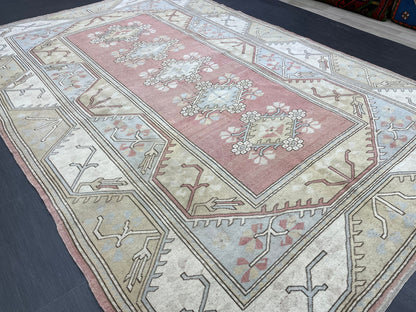 Muted Persian RUG 6.6 x 9.8 Turkish Oushak Rug Vintage Antique Rug Vintage Blue Light Pink Rug Wool Muted Oriental Rug Hand Made Rug
