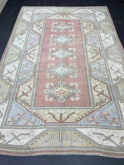 Muted Persian RUG 6.6 x 9.8 Turkish Oushak Rug Vintage Antique Rug Vintage Blue Light Pink Rug Wool Muted Oriental Rug Hand Made Rug