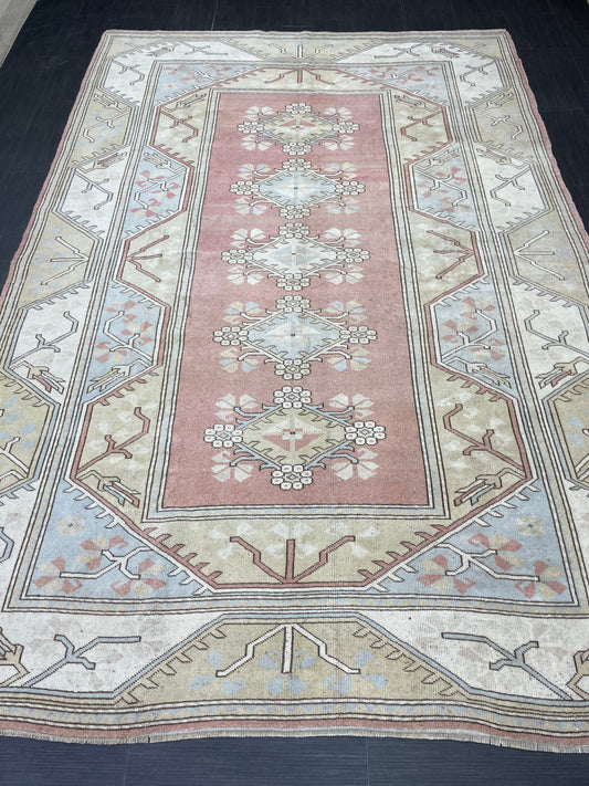 Muted Persian RUG 6.6 x 9.8 Turkish Oushak Rug Vintage Antique Rug Vintage Blue Light Pink Rug Wool Muted Oriental Rug Hand Made Rug