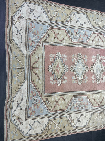 Muted Persian RUG 6.6 x 9.8 Turkish Oushak Rug Vintage Antique Rug Vintage Blue Light Pink Rug Wool Muted Oriental Rug Hand Made Rug