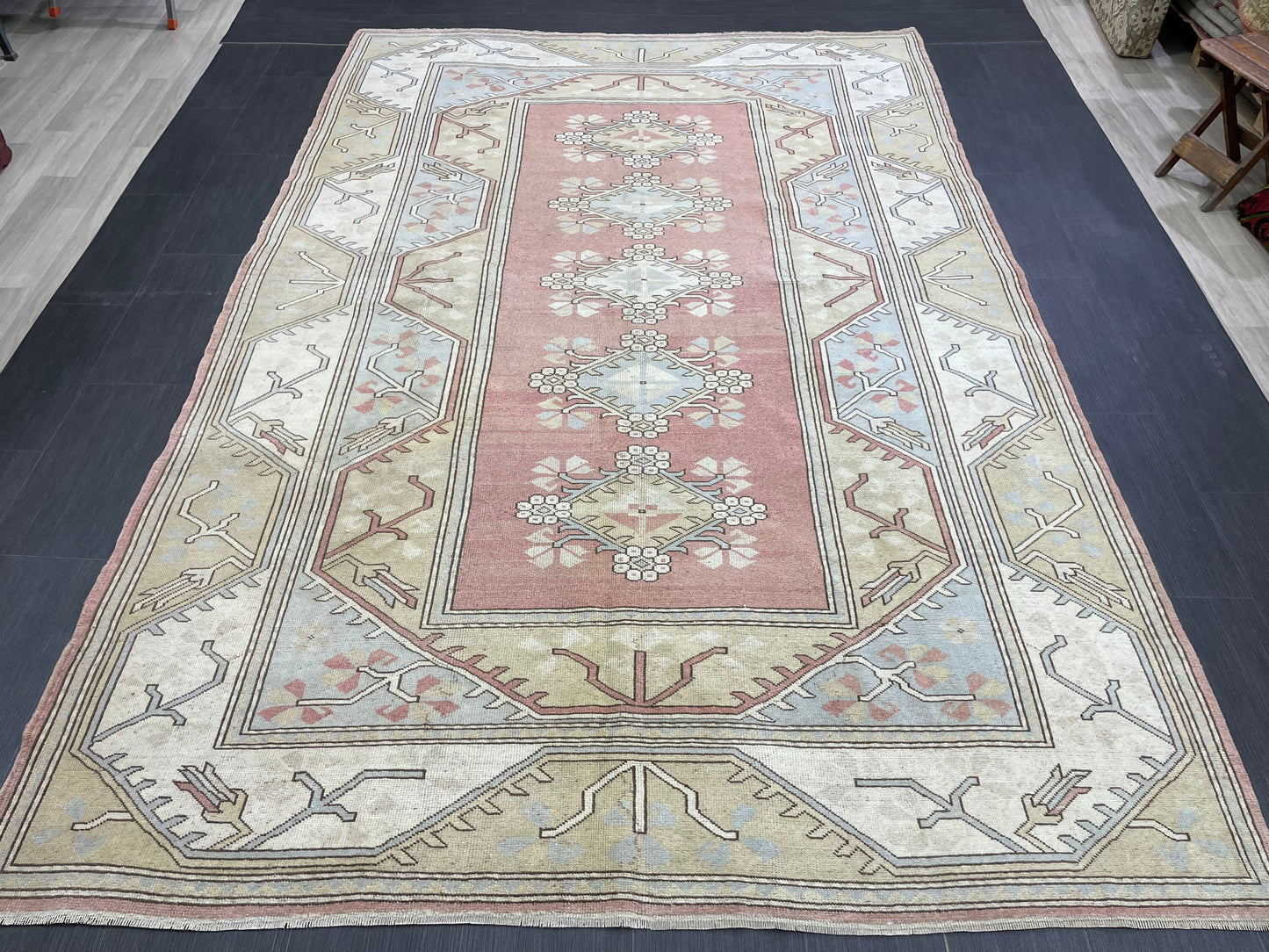 Muted Persian RUG 6.6 x 9.8 Turkish Oushak Rug Vintage Antique Rug Vintage Blue Light Pink Rug Wool Muted Oriental Rug Hand Made Rug
