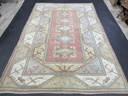 Muted Persian RUG 6.6 x 9.8 Turkish Oushak Rug Vintage Antique Rug Vintage Blue Light Pink Rug Wool Muted Oriental Rug Hand Made Rug