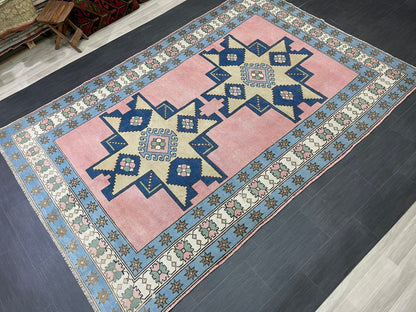 Turkish Rug Vintage 6.6 x 9.8 Rug Antique Rug Vintage Blue Pink Rug Wool Persian Rug Handmade Rug Hand Knotted Rug